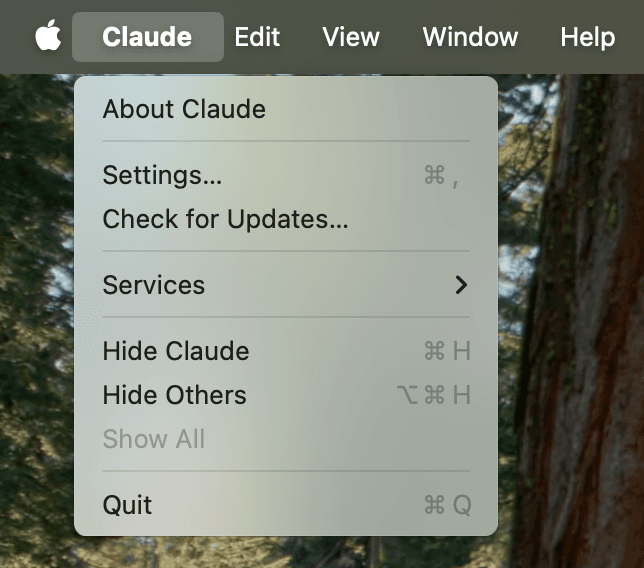 Screenshot of Claude menu bar settings