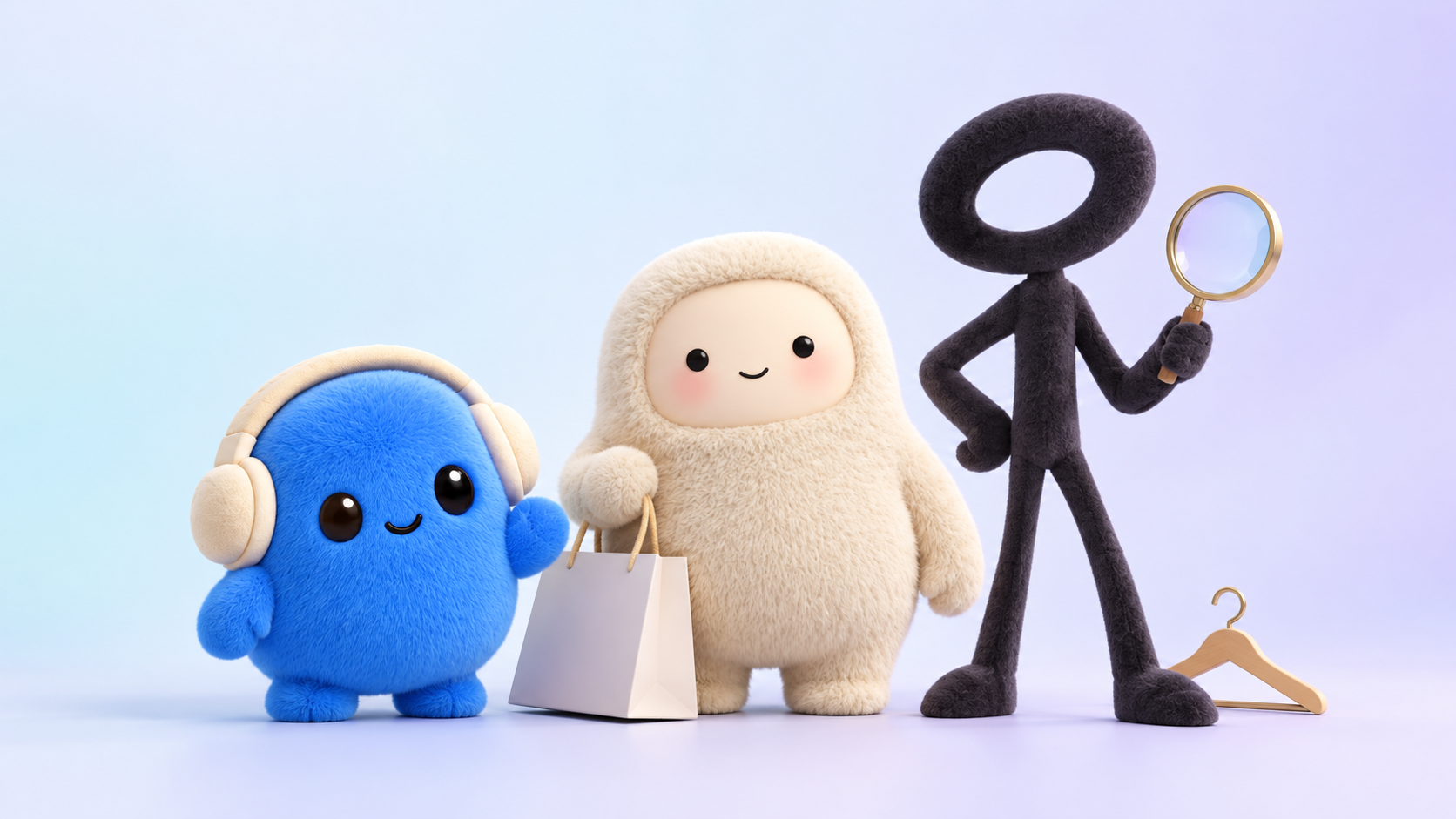 Three plush shopping agents browsing a store